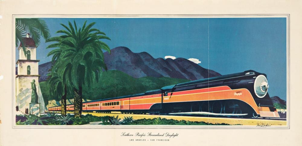 Fred Ludekens comparable auction result: fred ludekens 1900 1982 southern pacific s streamlined daylight los angeles san francisco 1937 20 x41 inches 51 x105 cm