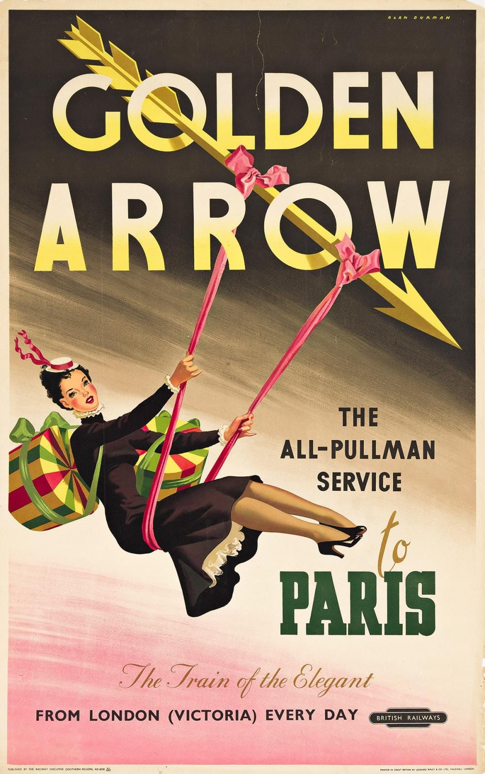 Alan Durman comparable auction result: alan durman 1905 1963 golden arrow the all pullman service to paris 1960 39 x25 inches 101x63 cm leonard ripley london