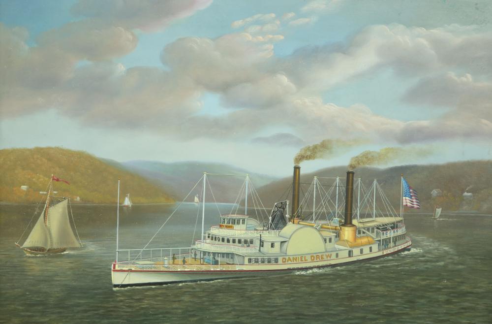 georgina nemethy oil on board portrait of the american sidewheeler daniel drew on the hudson · Rafael Osona Auctions · 2023-08-06 Georgina Nemethy comparable auction result: georgina nemethy oil on board portrait of the american sidewheeler daniel drew on the hudson