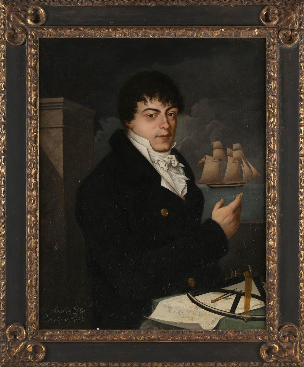 SPANISH COLONIAL SCHOOL (Late 18th Century,), Portrait of Spanish captain Don Juan de Dios Parreno Y Pardo, Oil on canvas, 28” x 21.5”. Framed 35.5” x 28.5”. sold by Eldred's, lot 4624 — auction record photograph