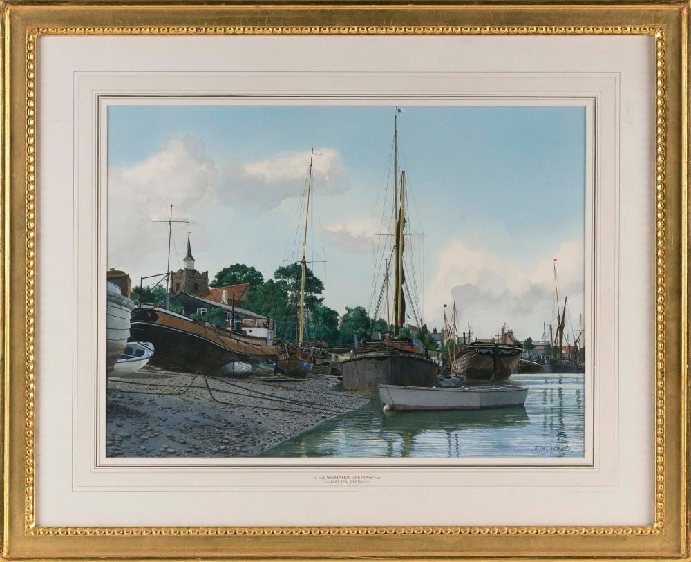 Frank Joseph Henry Gardiner comparable auction result: frank joseph henry gardiner united kingdom 1942 a summer evening depicting sail barges moored at the hythe watercolor on paper 14 x 19 sight framed 22 x 28