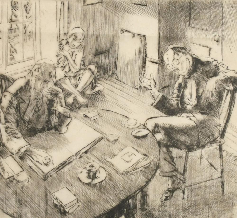 frederick carter 1885 1967 the bore two men seated at a table and a young figure seated on the floor et · John Nicholson's Fine Art Auctioneers & Valuers · 2023-07-19 Frederick Carter comparable auction result: frederick carter 1885 1967 the bore two men seated at a table and a young figure seated on the floor et