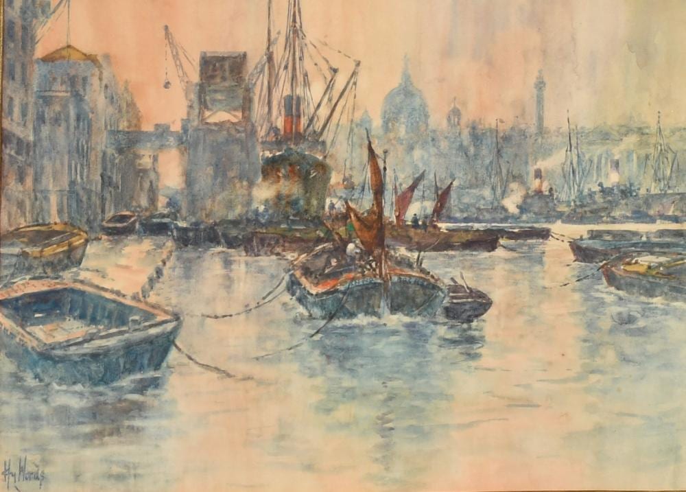 Henry Woods comparable auction result: henry woods 1846 1921 thames barges in the pool of london watercolour signed 10 x 14 25 5 x 36cm