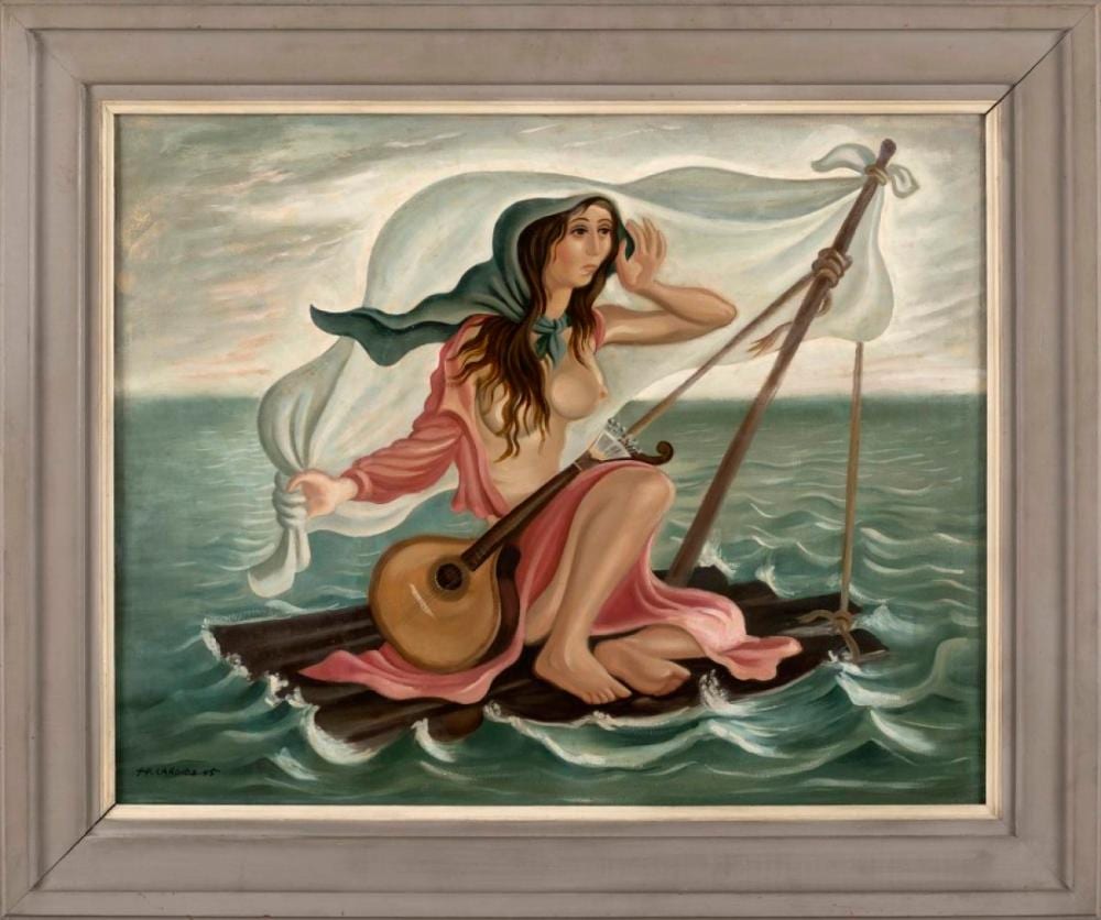 Cândido Costa Pinto comparable auction result: c ndido costa pinto 1911 1977 ex voto jangada leo sobre tela assinado e datado de 1944 1945 dim aprox 70 x 56 cm