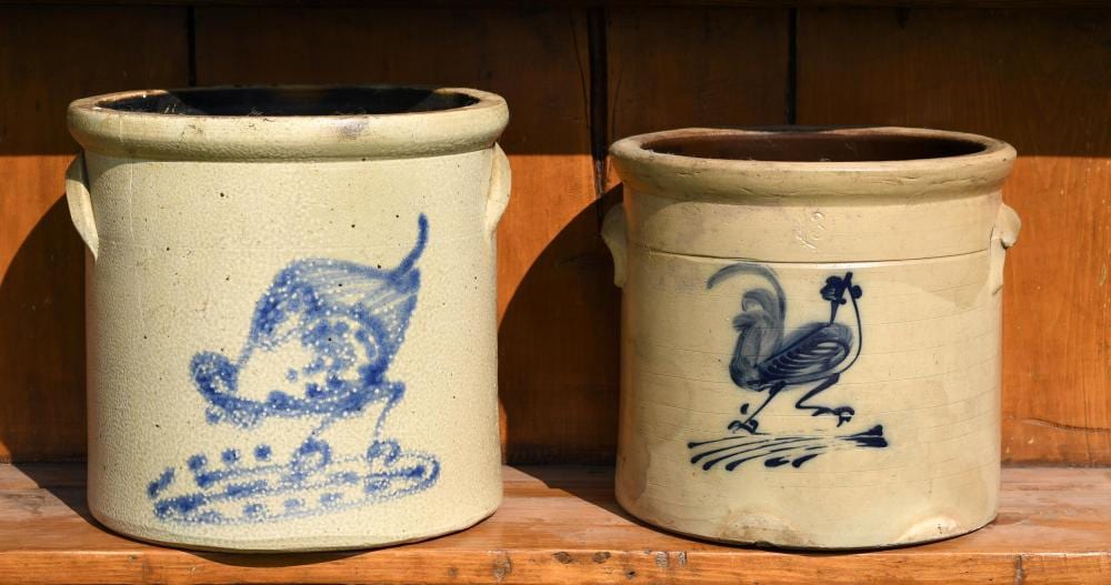 TWO ANTIQUE STONEWARE CROCKS, CHICKENS. sold by William Smith Auctions, lot 108 — auction record photograph