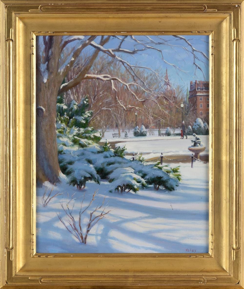 Sam Vokey comparable auction result: sam vokey massachusetts 1963 winter in the public garden boston oil on canvas 20 x 16 framed 27 x 22