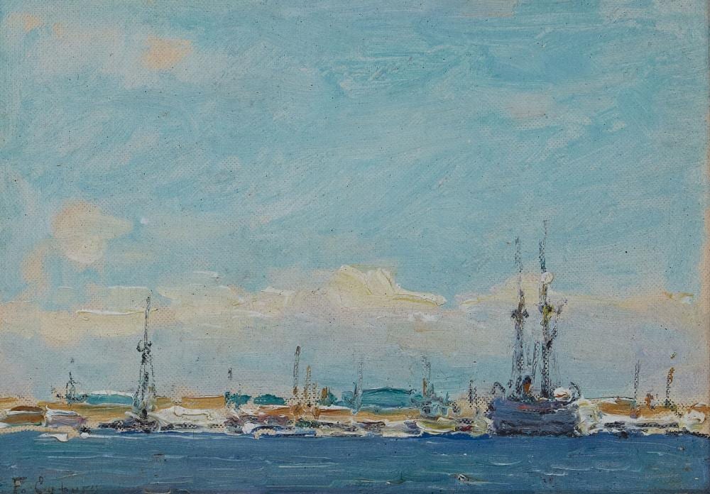 Frank Coburn comparable auction result: frank coburn 1862 1938 los angeles harbor scenes a group of two each 5 x 7 in each framed 9 1 4 x 11 1 4 in