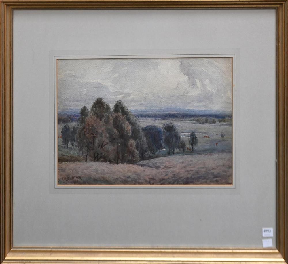 Alexander McClintock comparable auction result: alexander mcclintock looking to the fields 1906 watercolour signed and dated lower left 28 x 43 frame size 58 x 70cm provena