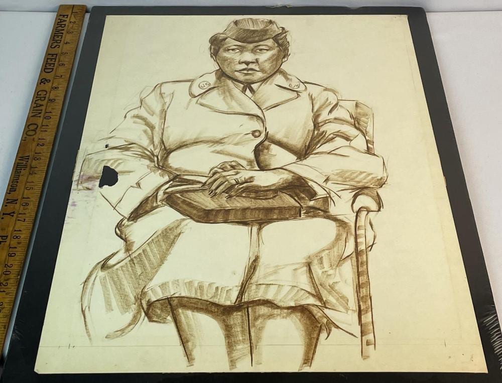 masood ali wilbert warren american 1907 1995 wwii african american woman in u s military uniform sepia drawing 24 x 18 · One Source Auctions · 2023-09-11 Masood Ali Wilbert Warren comparable auction result: masood ali wilbert warren american 1907 1995 wwii african american woman in u s military uniform sepia drawing 24 x 18