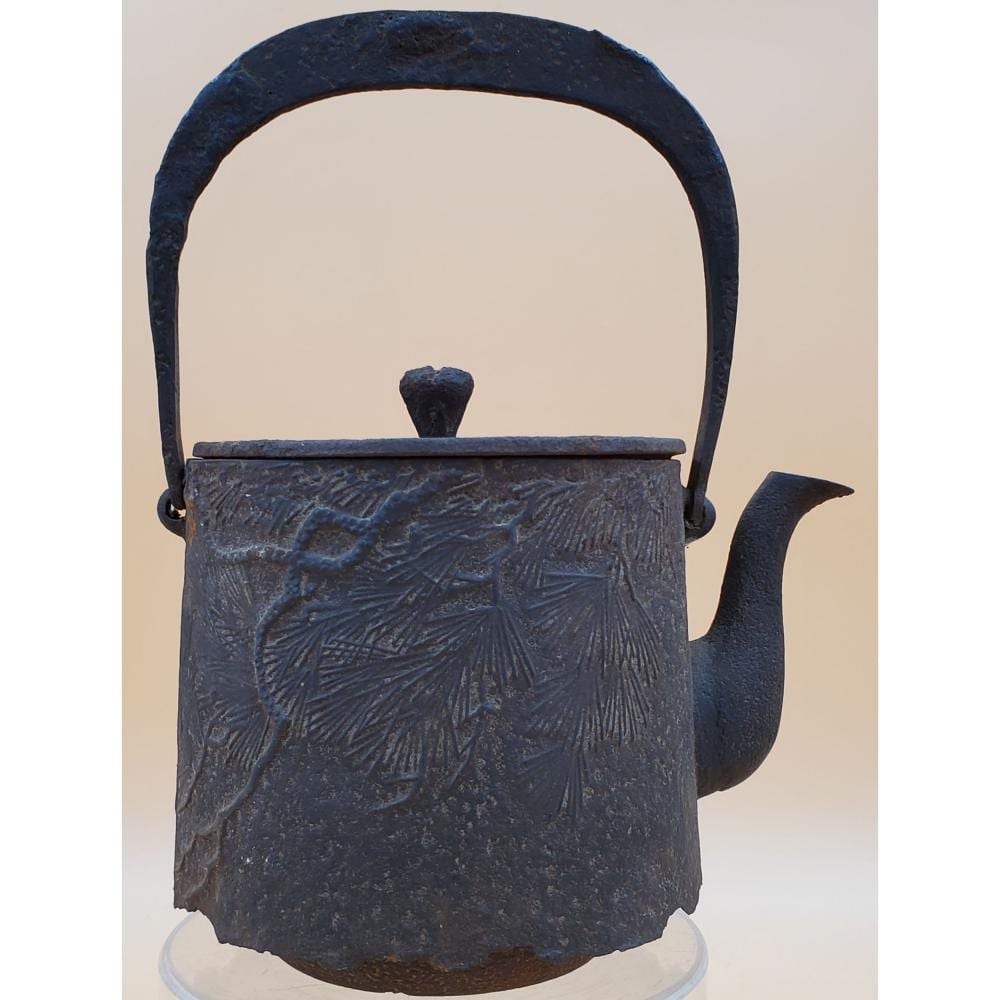 Cast iron kettle with arched handle and curved spout, decorated with embossed leaf or pine-like pattern.