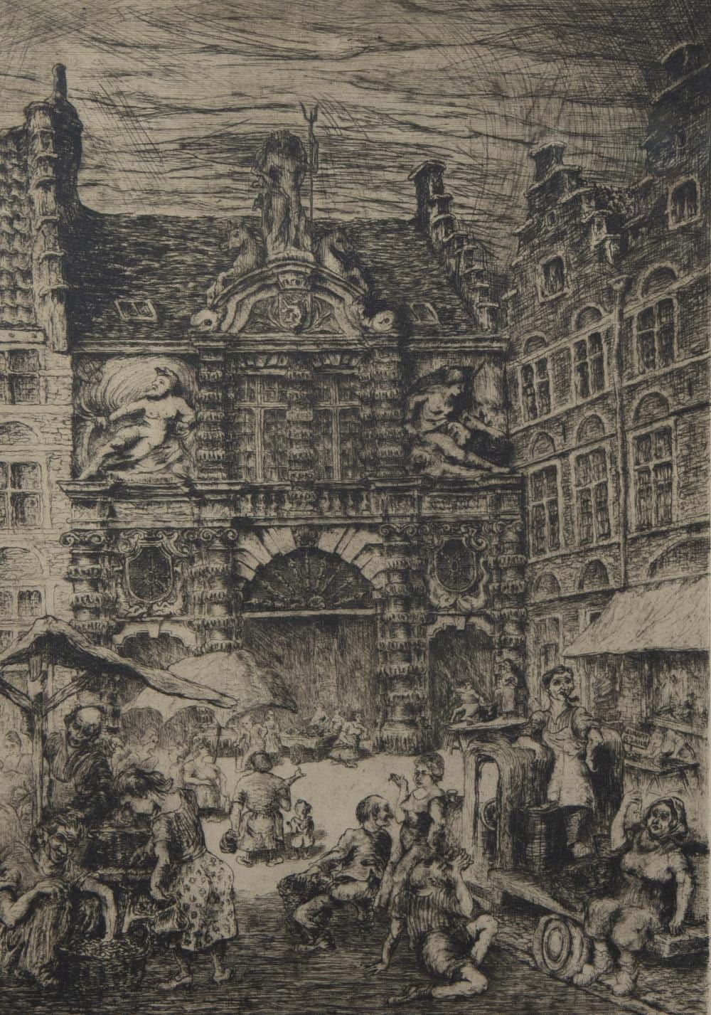 Geo Langie comparable auction result: geo langie 1906 1982 etching the fish market ghent drawn and titled