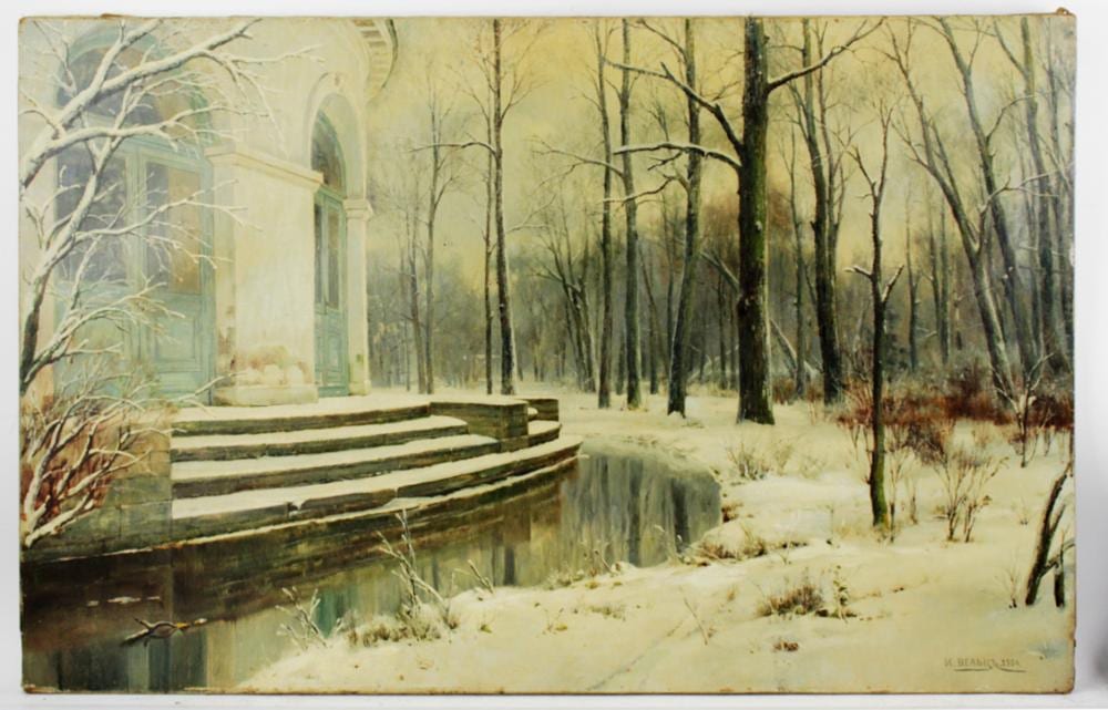 ivan augustovich veltz oil on canvas first snow · Kaminski Auctions · 2023-08-20 Ivan Avgustovic Vel'c comparable auction result: ivan augustovich veltz oil on canvas first snow