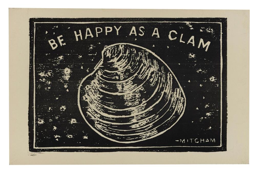 Howard Mitcham comparable auction result: howard mitcham massachusetts mississippi 1917 1996 be happy as a clam woodcut on heavy paper 5 5 x 8 5 unframed