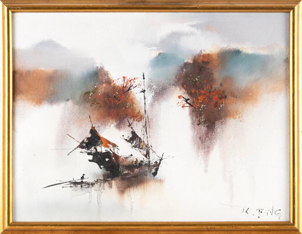 Ng Kee Fung comparable auction result: kee fung ng california china 1941 abstract of a junk boat oil on canvas board 12 x 16 framed 13 x 17