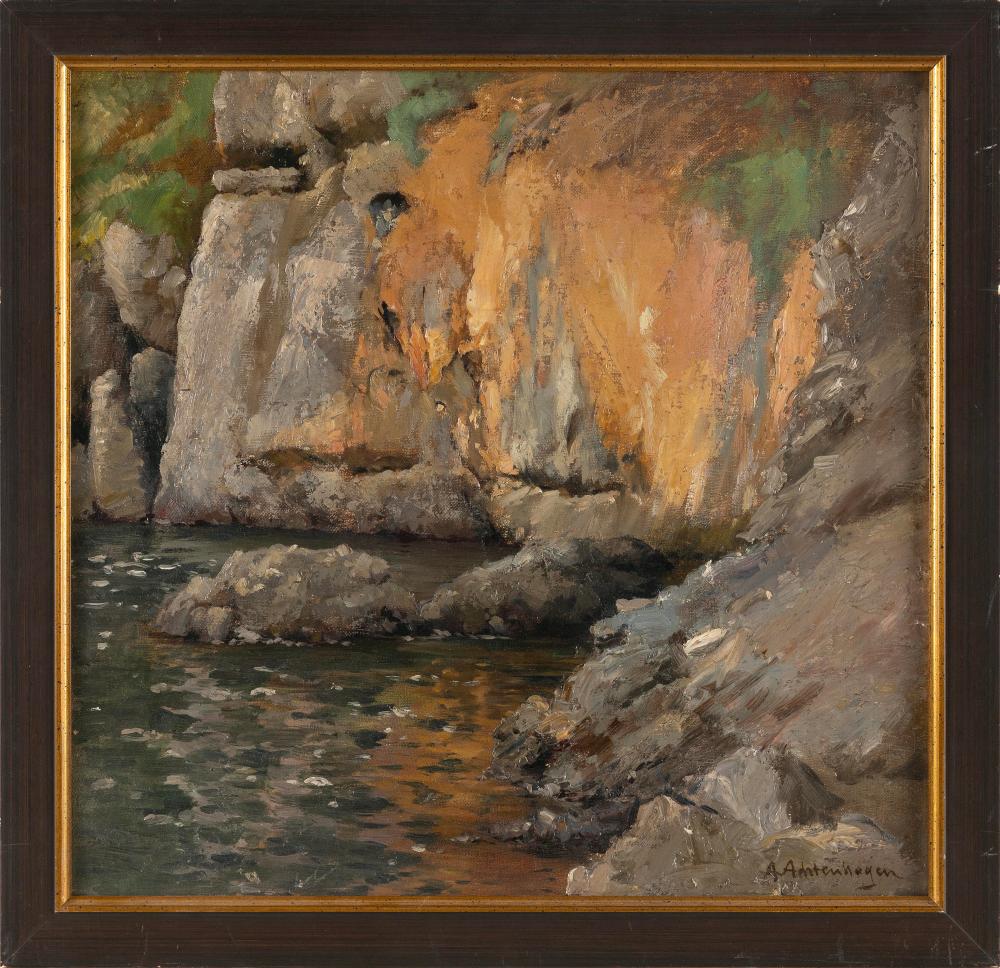 August Achtenhagen comparable auction result: august achtenhagen germany 1865 1938 rocks at water s edge oil on board 16 x 16 75 framed 16 5 x 17 5