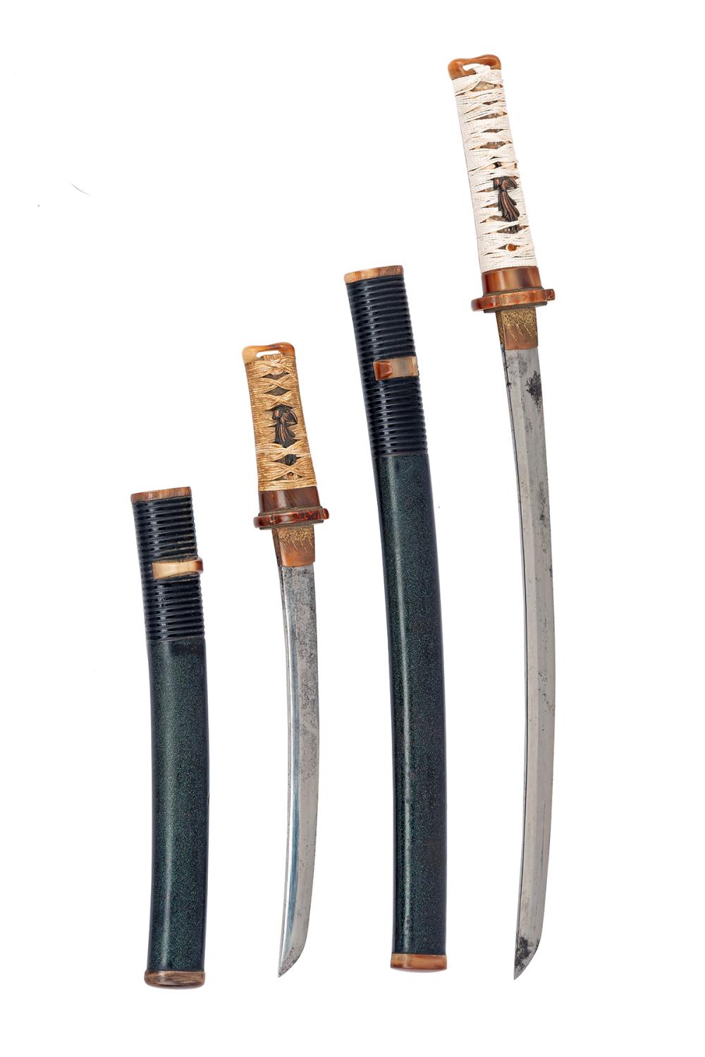A RARE PAIR OF MINIATURE JAPANESE SWORDS, POSSIBLY FOR A BOY, sold by Holts Auctioneers, lot 202 — auction record photograph