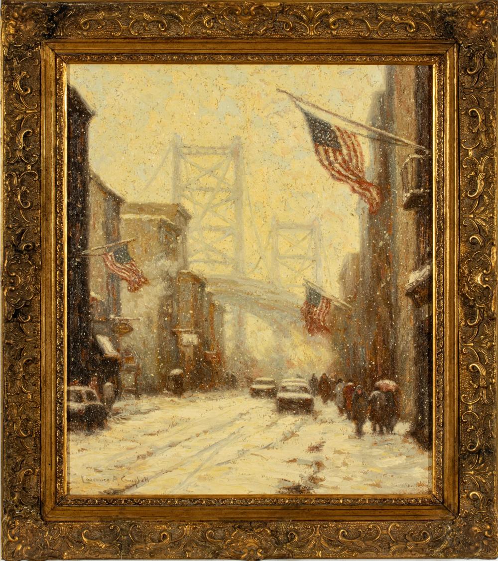 Laurence Campbell comparable auction result: laurence campbell american b 1939 oil on canvas snow storm ben franklin bridge philadelphia h 26 w 22