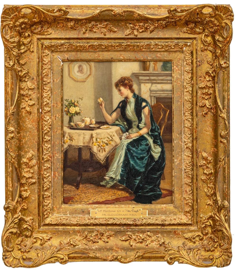 Maude Goodman comparable auction result: maude goodman english 1853 1938 oil on canvas a fortune in a teacup h 11 5 w 8 5