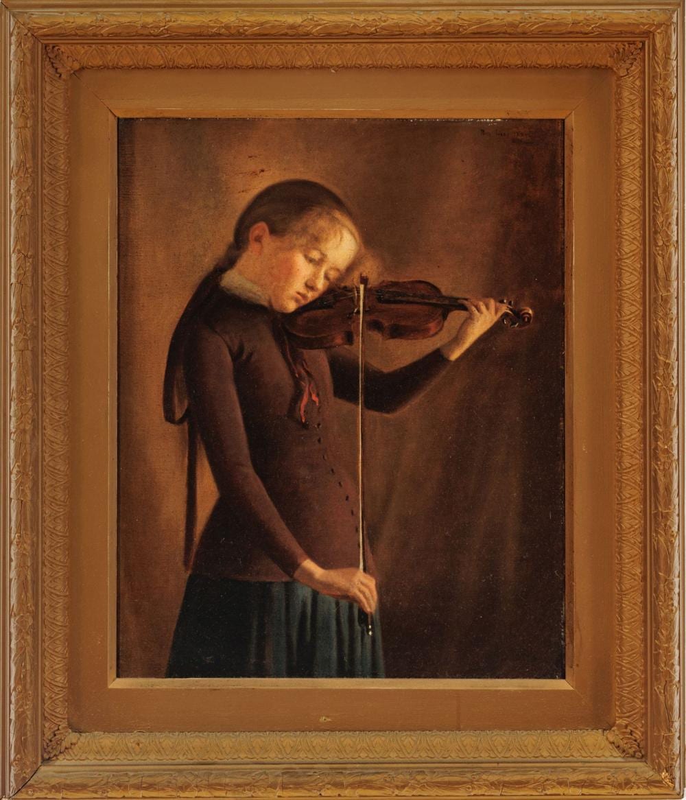 Percy Ives comparable auction result: percy ives american 1864 1928 oil on canvas ca 1884 girl with violin h 19 w 16