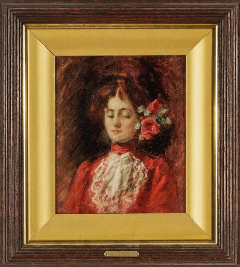 Percy Ives comparable auction result: percy ives american 1864 1928 oil on beveled mahogany panel ca 1899 lady in red h 12 w 10
