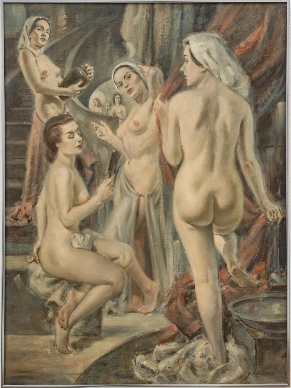 Leo Nowak comparable auction result: leo nowak american 1907 2001 oil on canvas ca 1960s feminine retreat h 38 w 29
