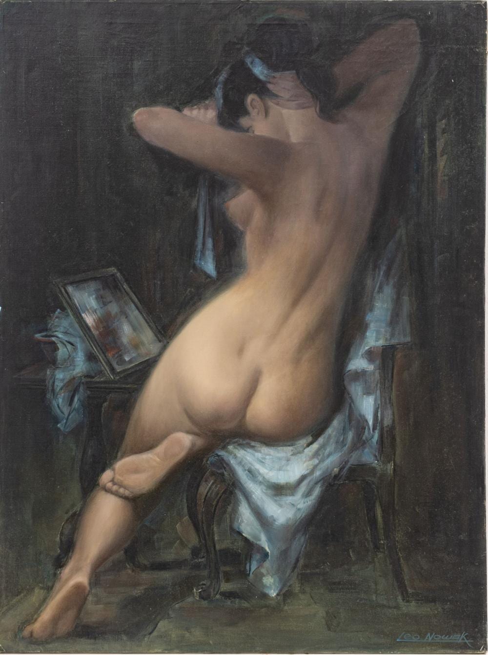 Leo Nowak comparable auction result: leo nowak american 1907 2001 oil on canvas ca 1966 reflections in blue h 40 w 30