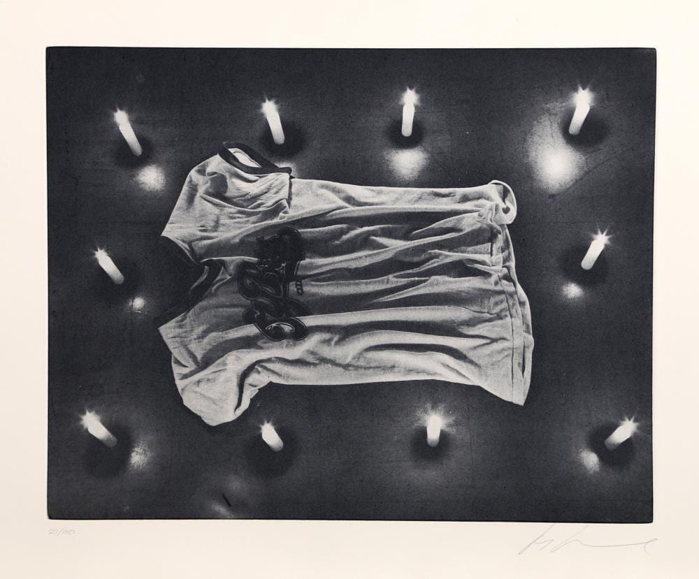 Les Levine comparable auction result: les levine t shirt from the candlelight series photo etching