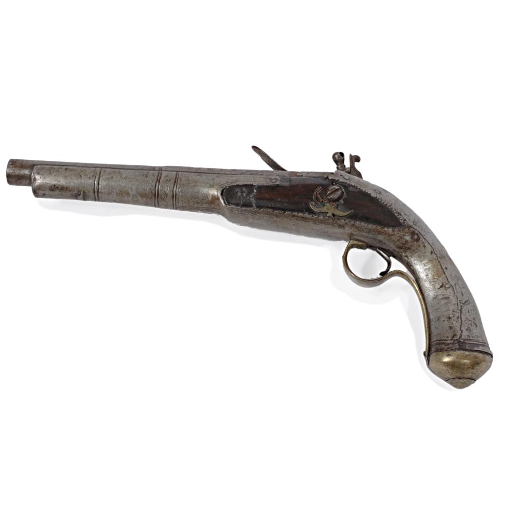 Metal flintlock-style dueling pistol shown in profile on a white background, with curved butt and curved trigger guard.