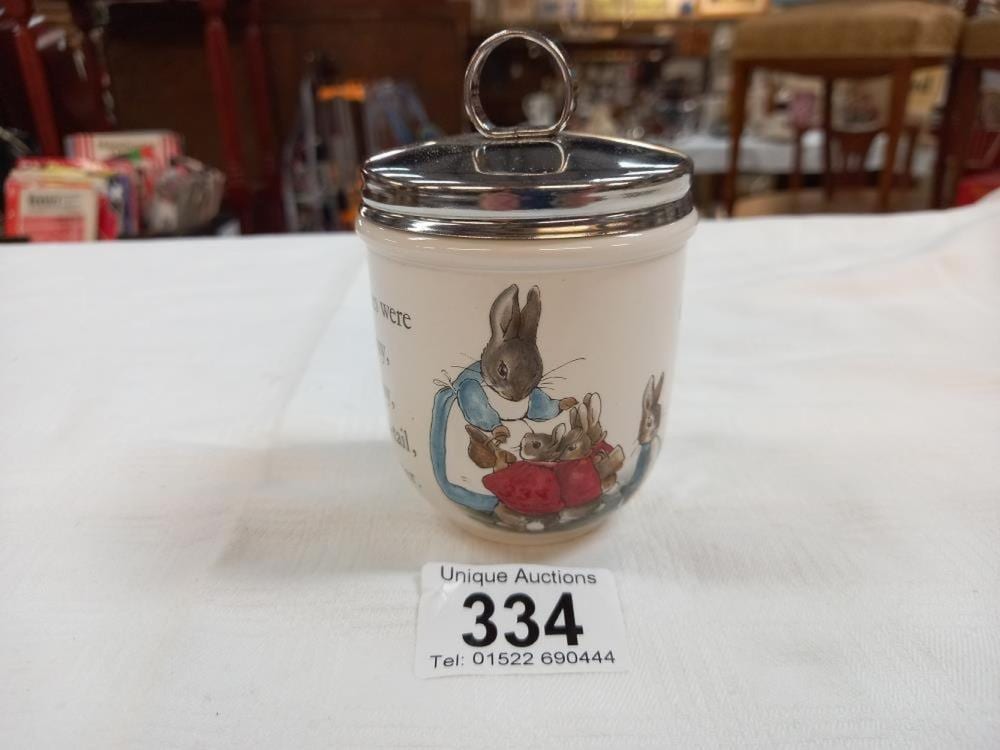 Amalie von Peter comparable auction result: a large wedgwood egg coddler depicting peter rabbit characters