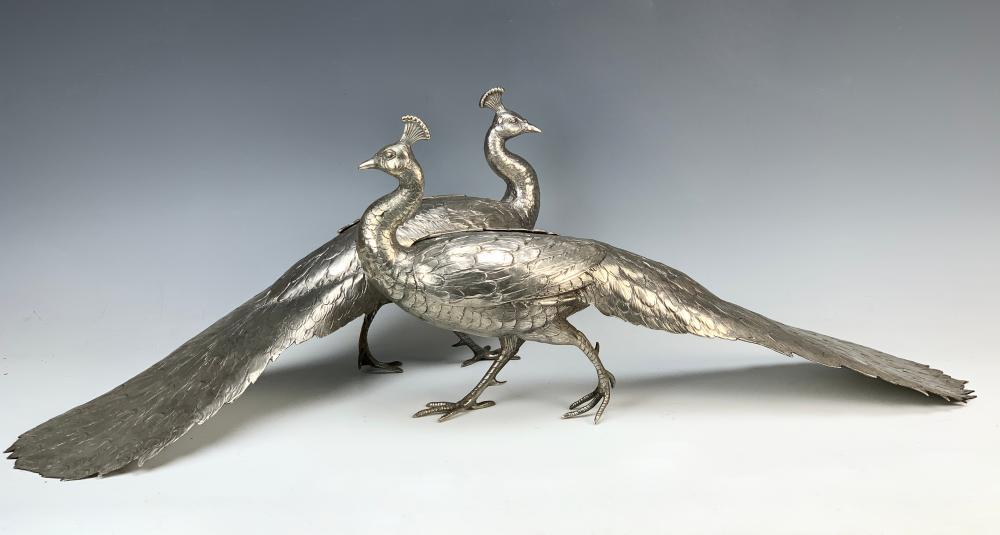 Pair Silverplated Peacock Table Ornaments sold by Treasureseeker Auctions LLC, lot 169 — auction record photograph