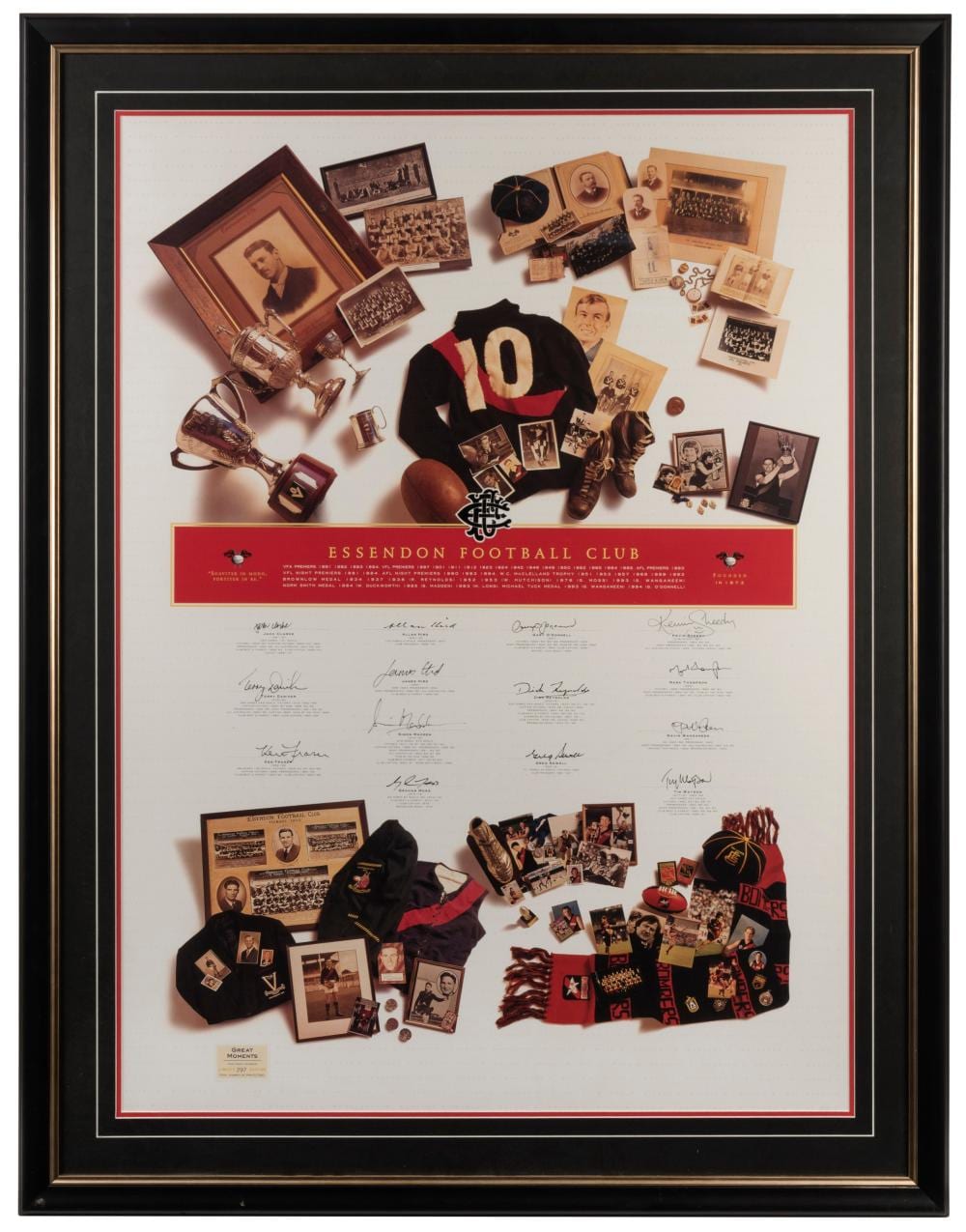 ESSENDON FOOTBALL CLUB LEGENDS poster - signed by 14 of the all time greats: Dick Reynolds, James Hird, Kevin Sheedy, Mark Thompson, Gavin Wanganeen, Tim Watson, Gary O€™Donnell, Greg Sewell, Alan Hird, Simon Madden, Graham Moss, Jack Clarke, Ter sold by Leski Auctions Pty Ltd, lot 719 — auction record photograph