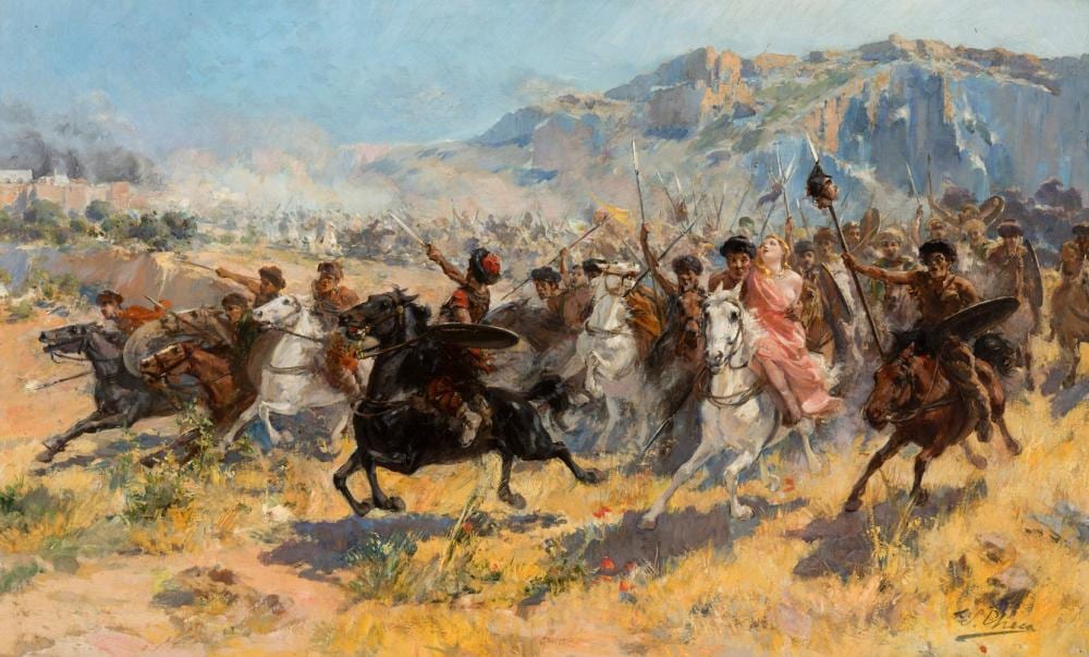 Ulpiano Checa Sanz comparable auction result: ulpiano checa colmenar de oreja madrid 1860 dax france 1916 invasion of the huns oil on canvas signed in the lower right corner titled on the back