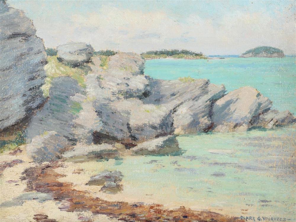 Clark Greenwood Voorhees comparable auction result: clark greenwood voorhees american 1871 1933 old lyme connecticut artist rocky coast landscape possibly bermuda oil on boar