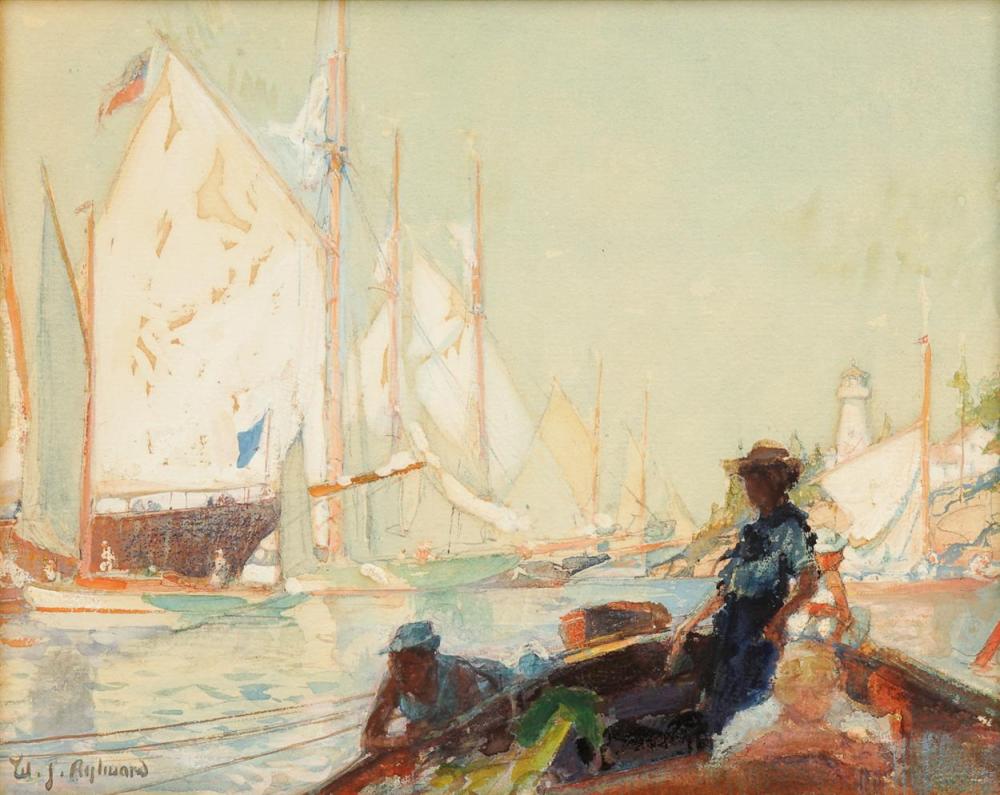 William James Aylward comparable auction result: william james aylward american 1875 1956 painting in port depicting sailing ships in port with a lighthouse in the background
