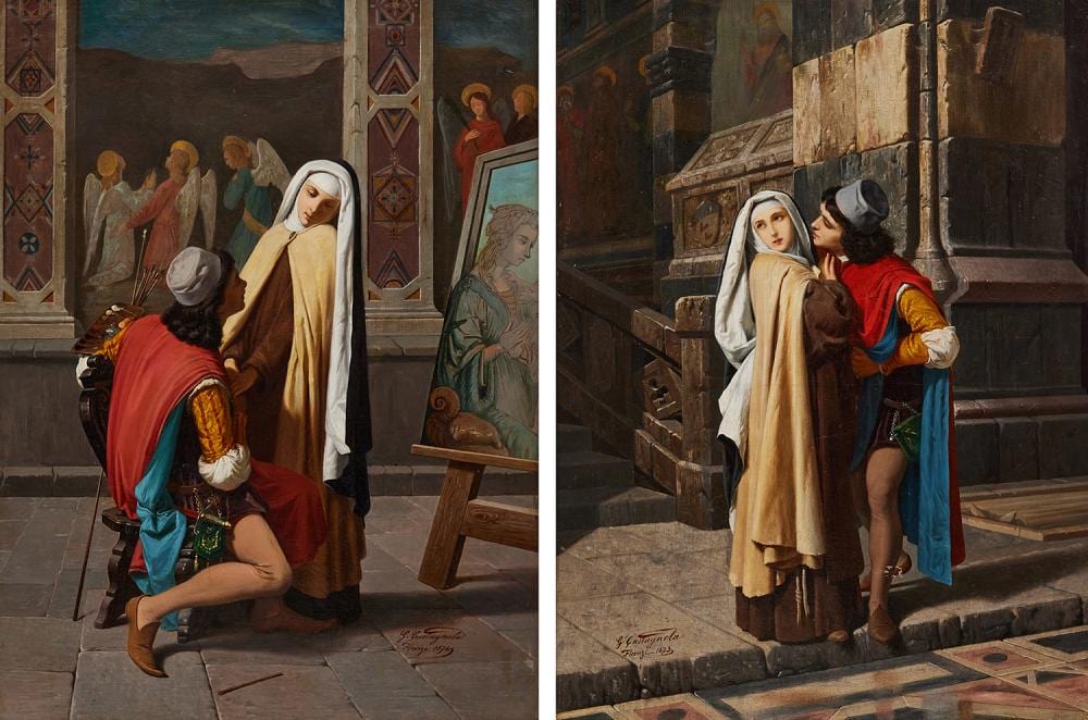 Gabriele Castagnola comparable auction result: gabriele castagnola italian 1828 1883 filippo lippi falling in love with lucrezia buti 1873 oil on canvas a pair 100 x 74cm