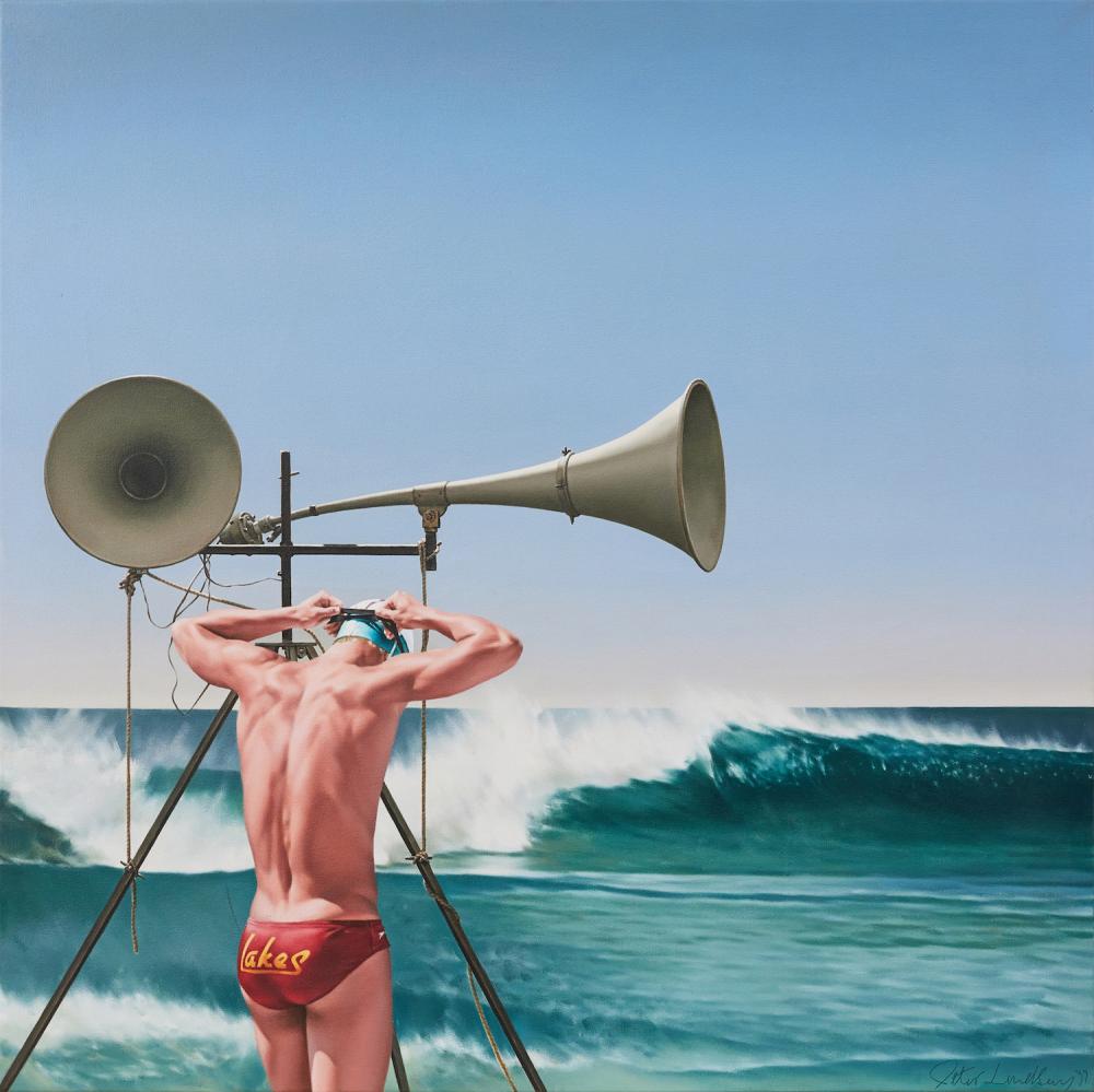 Peter Lindsay comparable auction result: peter lindsay born 1952 attention please 1999 oil on canvas 122cm x 122cm 124 5cm x 124 5cm framed