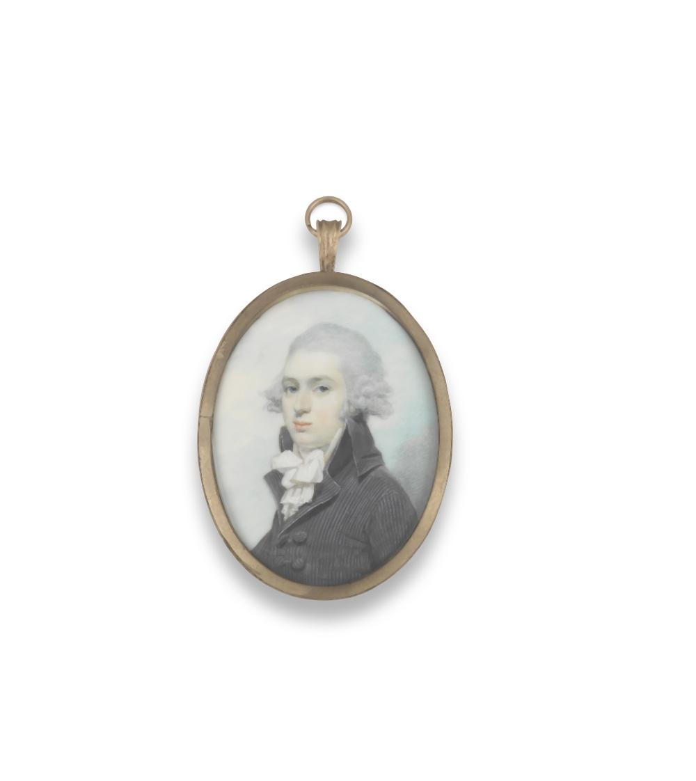 Philip Jean comparable auction result: philip jean british 1755 1802 a portrait miniature of a young gentleman wearing a blue striped coat white stock and tied cravat his hair powdered
