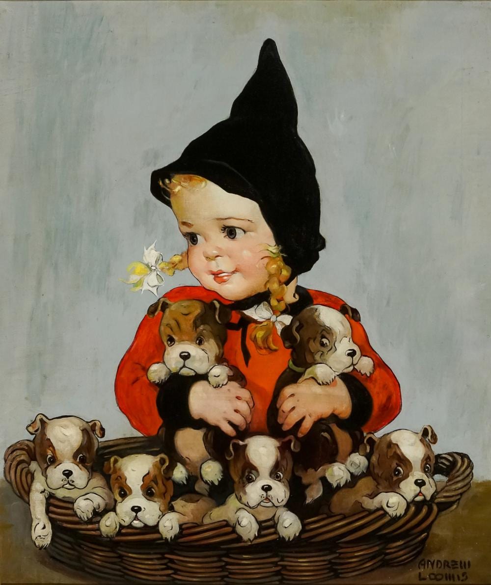 Andrew Loomis comparable auction result: andrew loomis american 1892 1959 young girl with basket of puppies oil on canvas 26 x 22 1 2 in 66 x 57 2 cm