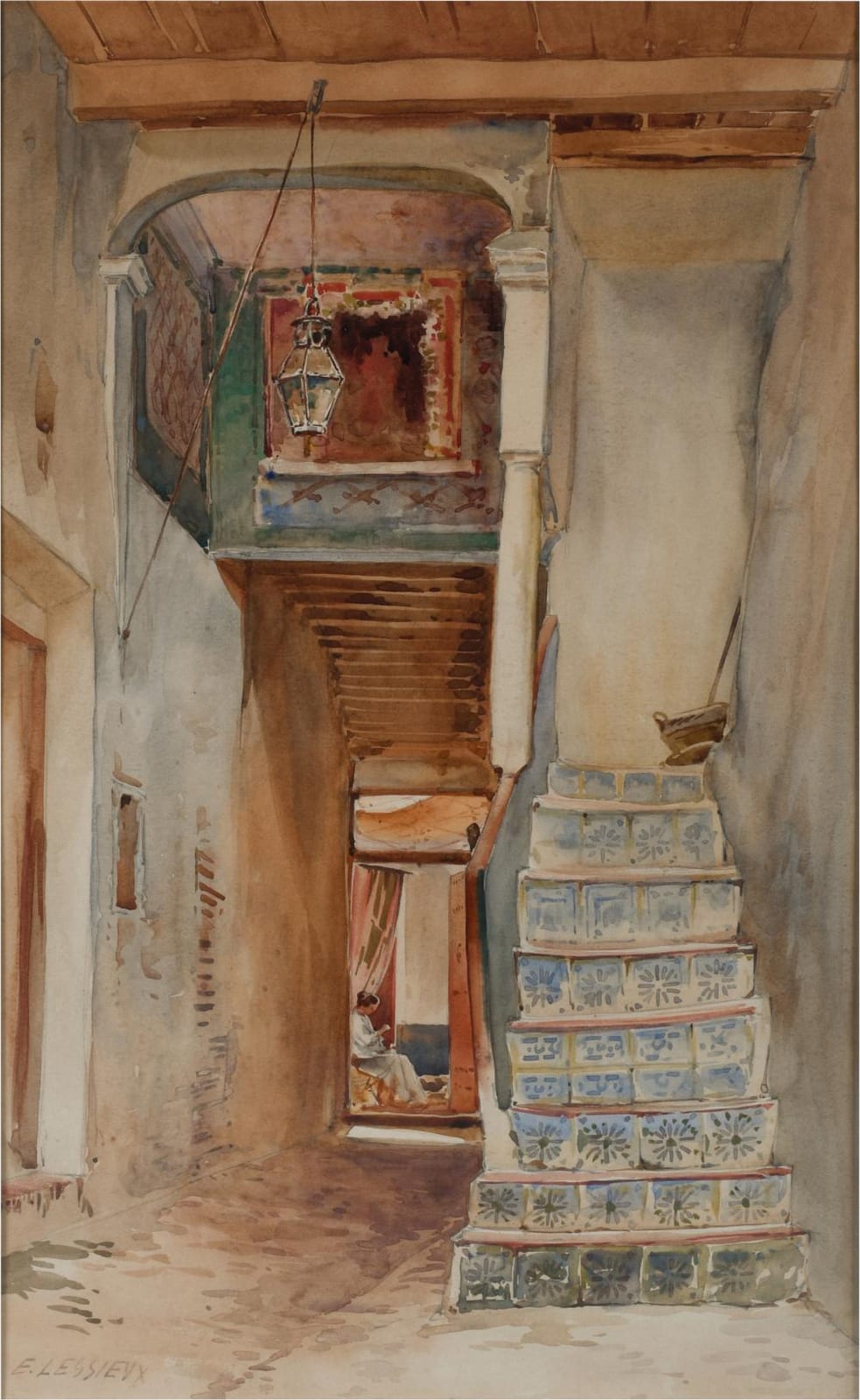 Alfred (1937) Dunn comparable auction result: ernest emile louis lessieux french 1848 1925 interior stairwell watercolor on paper sight 18 x 10 1 2 in 45 7 x 26 7 cm frame 27 1 2 x 20 in 69 9 x 50 8 cm