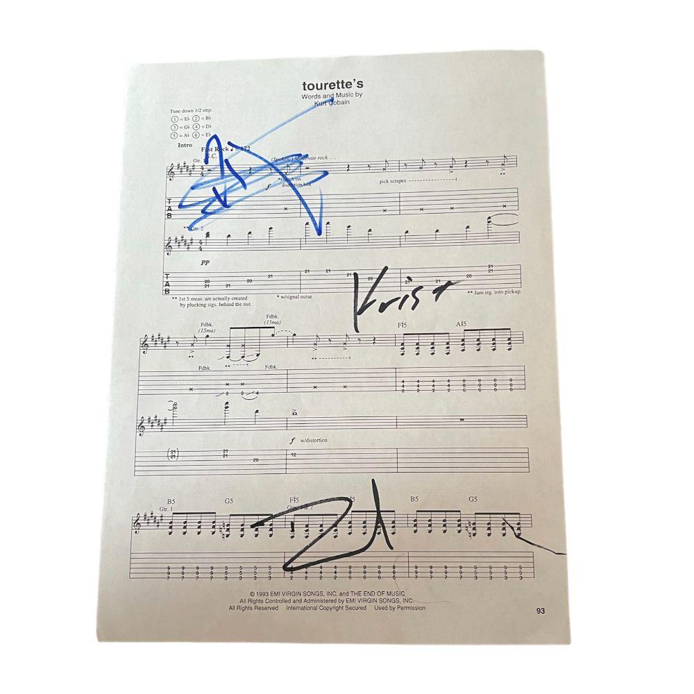 Nirvana Signed Sheet Music Tourettes sold by Rock n Scroll Guitars, lot 241 — auction record photograph