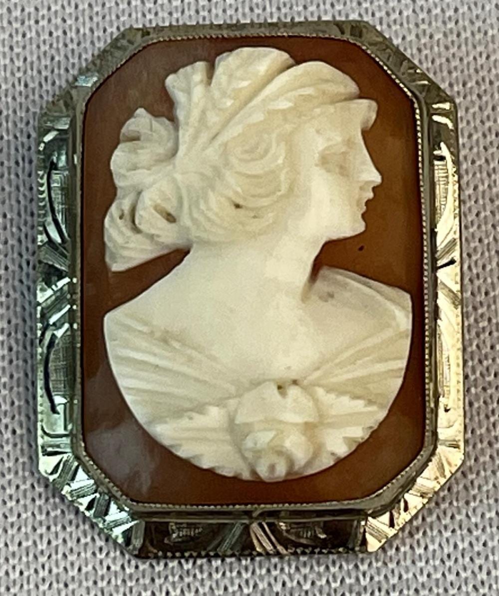 Antique Art Deco 14K White Gold Cameo Brooch sold by One Source Auctions, lot 89 — auction record photograph