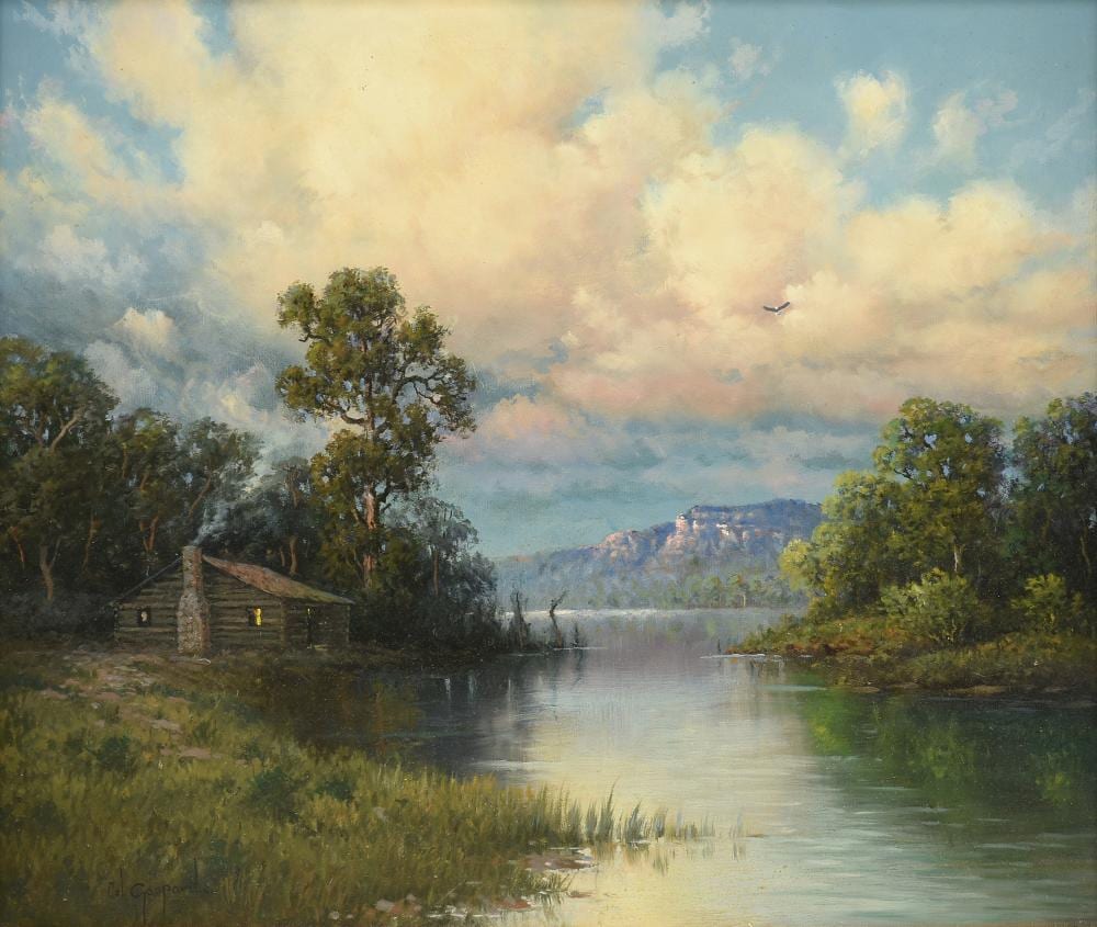 Cal Gaspard comparable auction result: cal gaspard american texas 1934 2020 a painting still water cabin
