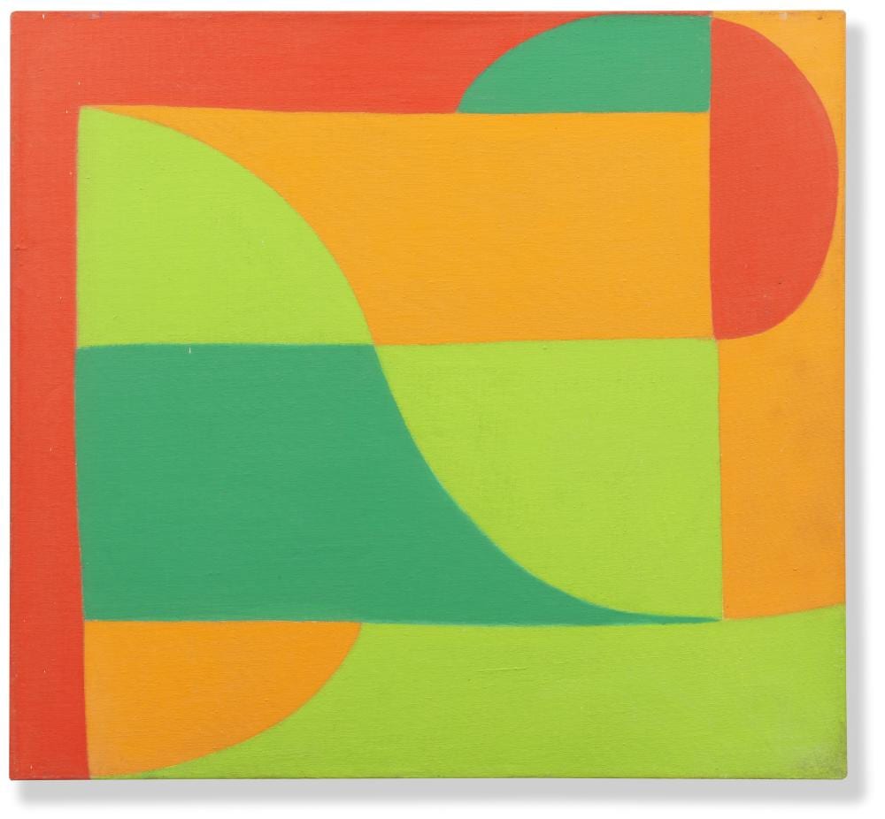 Margaret Mellis comparable auction result: margaret mellis british 1914 2009 red green and orange structure 58 5 x 58 5 cm 23 x 23 in unframed
