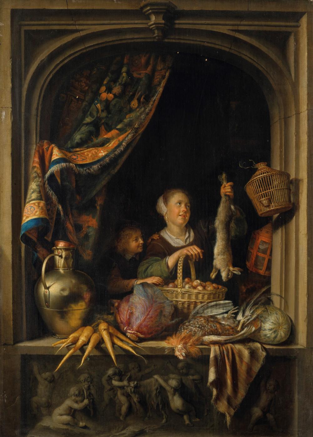 Gerrit Dou (LEIDEN 1613-1675) A young woman holding a hare with a boy at a comparable sale