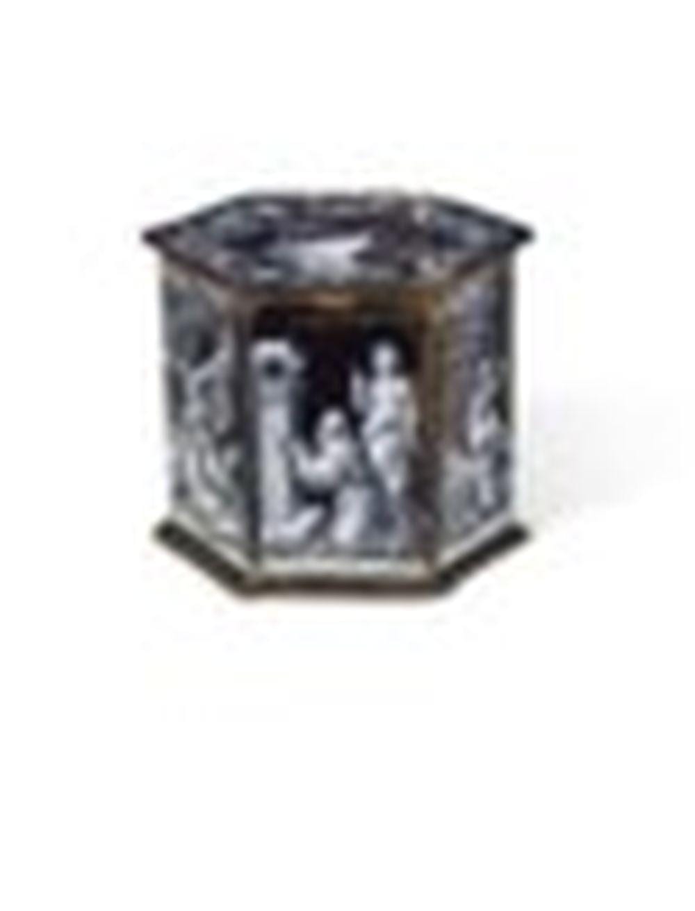 Pieter Cornelisz. Verbeeck comparable auction result: a hexagonal limoges enamel salt cellar depicting the weakness of man by pi