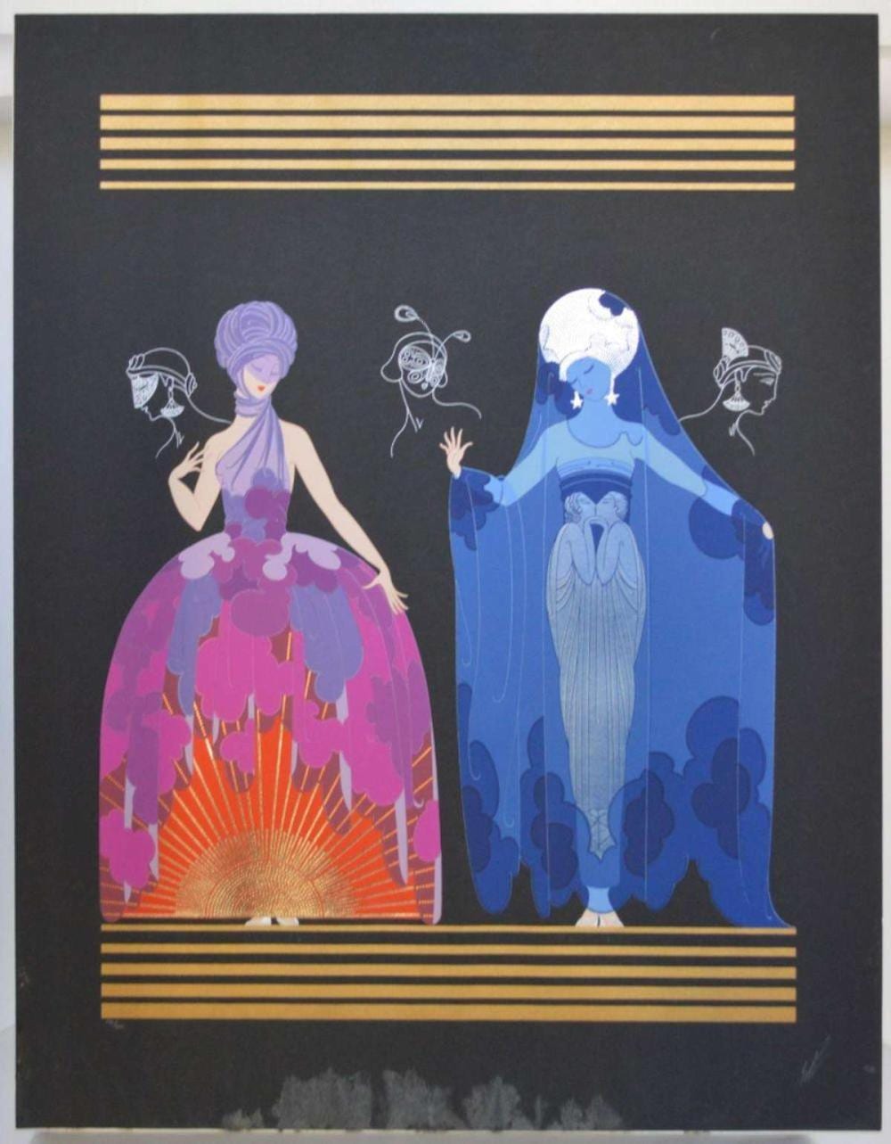 Colorful art print showing two robed female figures with ornate headpieces in purple and blue, surrounded by decorative symbols, on a dark background.