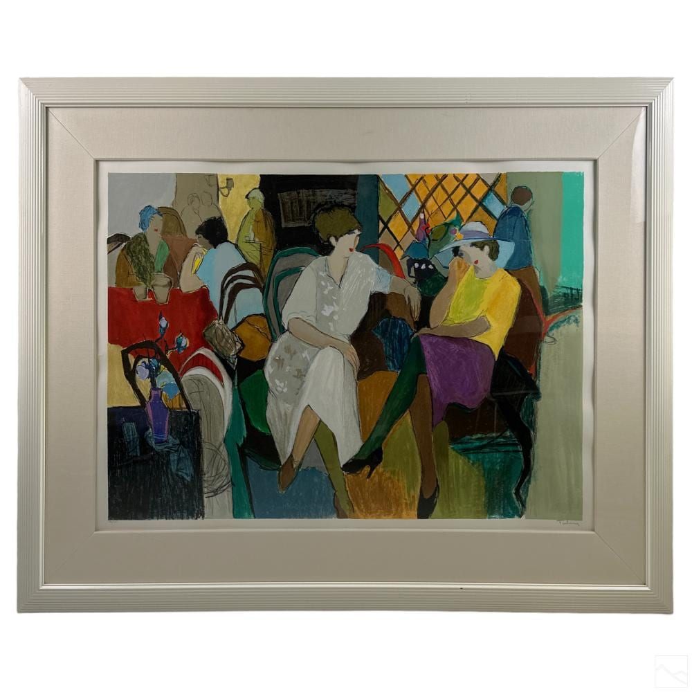 Framed colorful serigraph print showing a group of people seated and standing in a lively, abstract interior scene.
