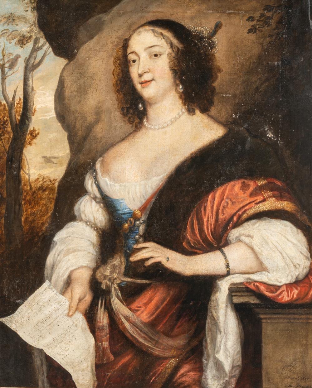 Adriaen Hanneman comparable auction result: adriaen hanneman ca 1601 1671 portrait of a fine lady holding a music score in a pastoral landscape 1657 oil on canvas 84 5 x 103 cm
