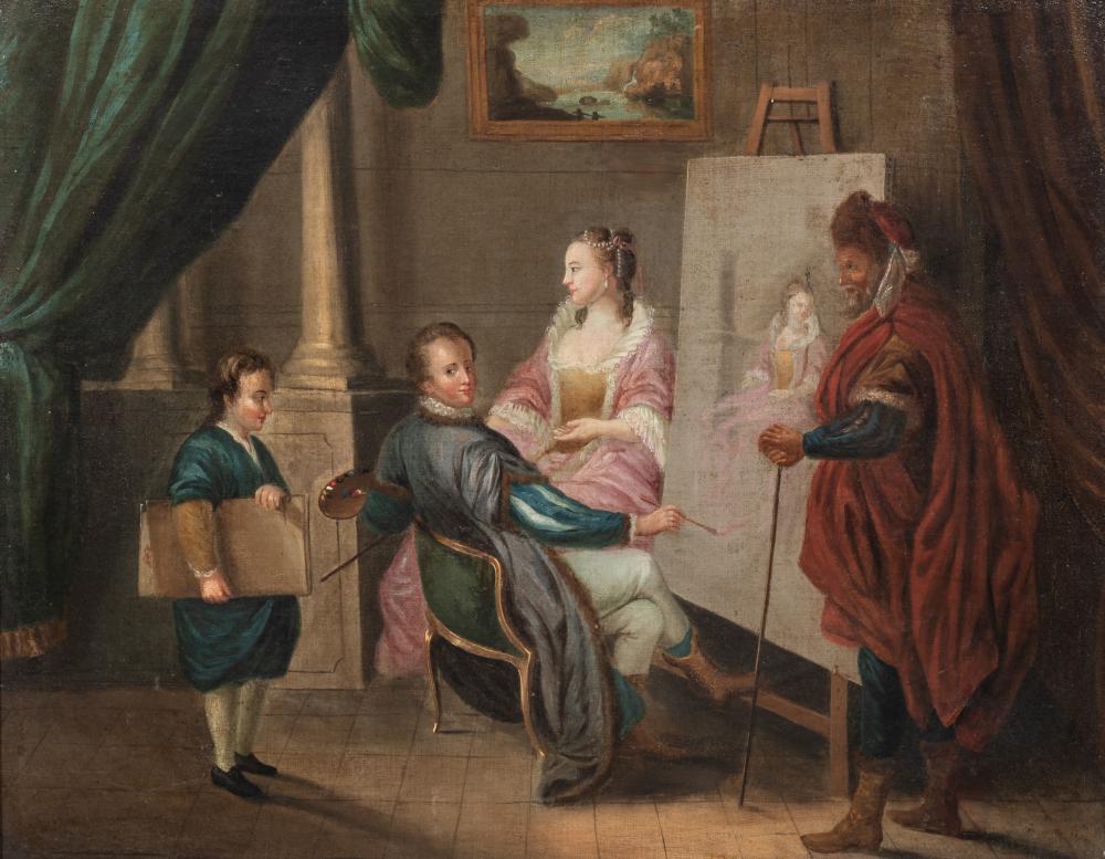Nicolas Vleughels comparable auction result: nicolas vleughels 1668 1737 the artist in his studio 18th 19thc oil on canvas 65 x 81 cm 25 5 x 31 8 in frame 86 x 103 cm 33 8 x 40 5 in