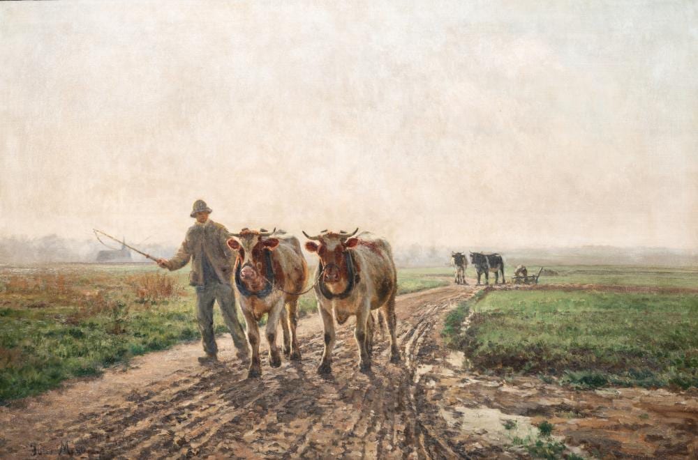 Jules Léon Montigny comparable auction result: jules montigny 1847 1899 a farmer driving his cows oil on canvas 80 x 120 cm 31 1 2 x 47 2 in frame 95 x 135 cm 37 4 x 53 1 in